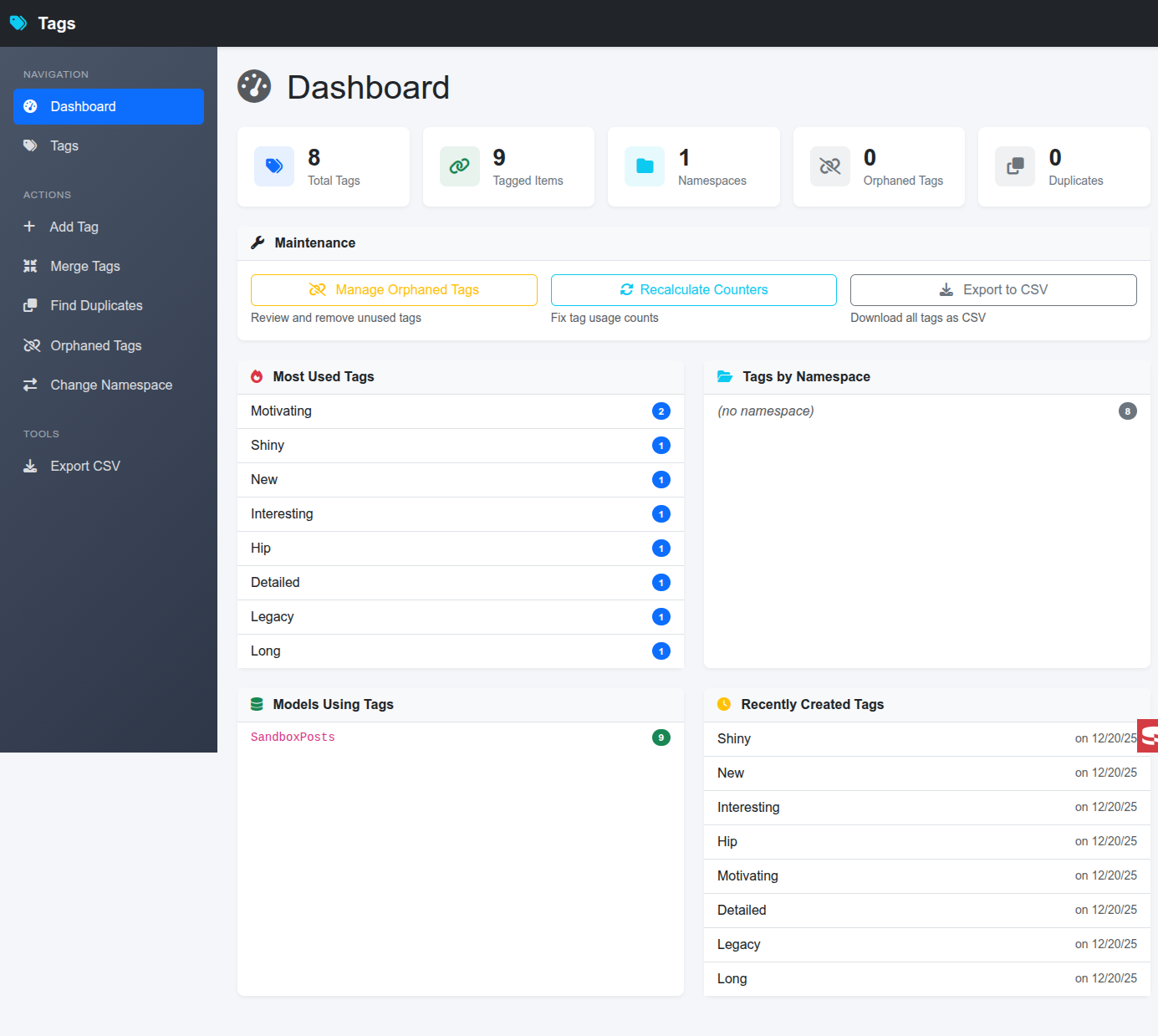 Tags admin dashboard
