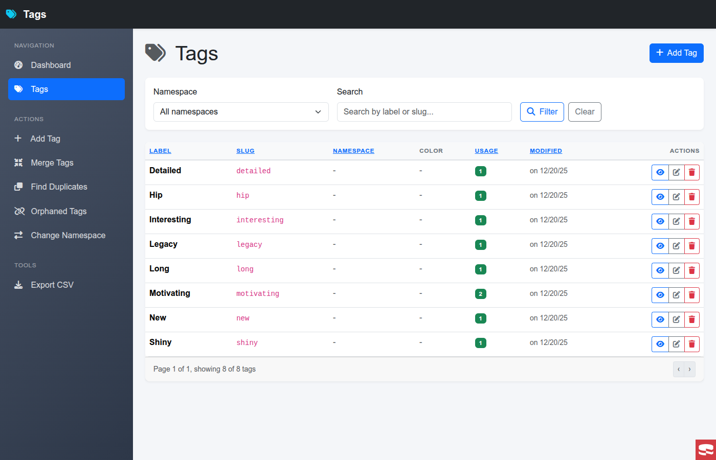 Tags admin list