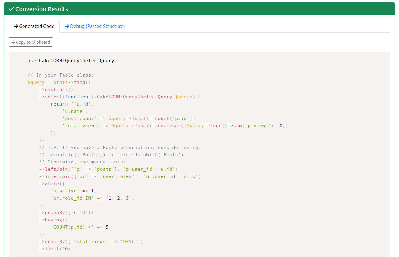 Generated Query Builder output