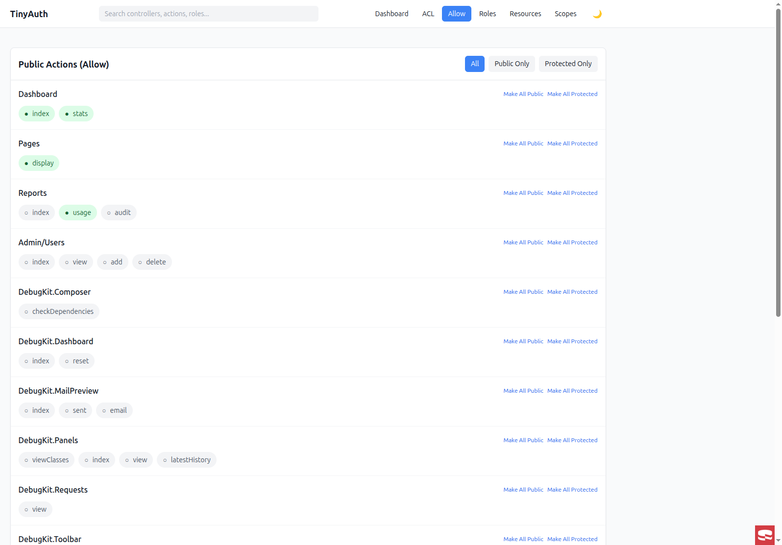 Allow / public actions management